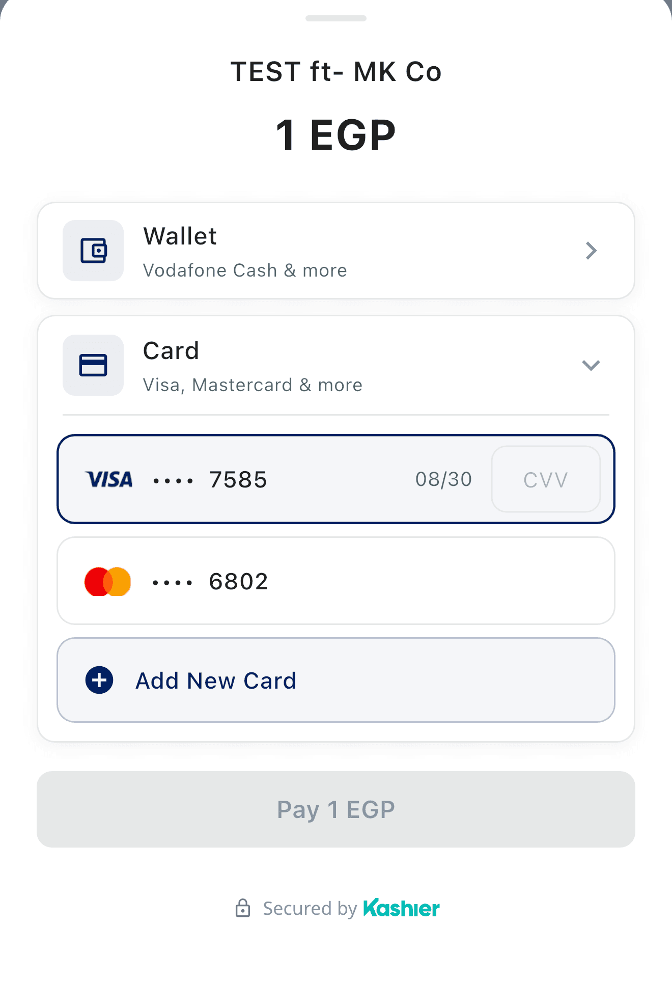 Payment sheet with the card section expanded into an accordion showing a selected Visa card ending 7585 with an inline CVV field, a Mastercard ending 6802, and an Add New Card row