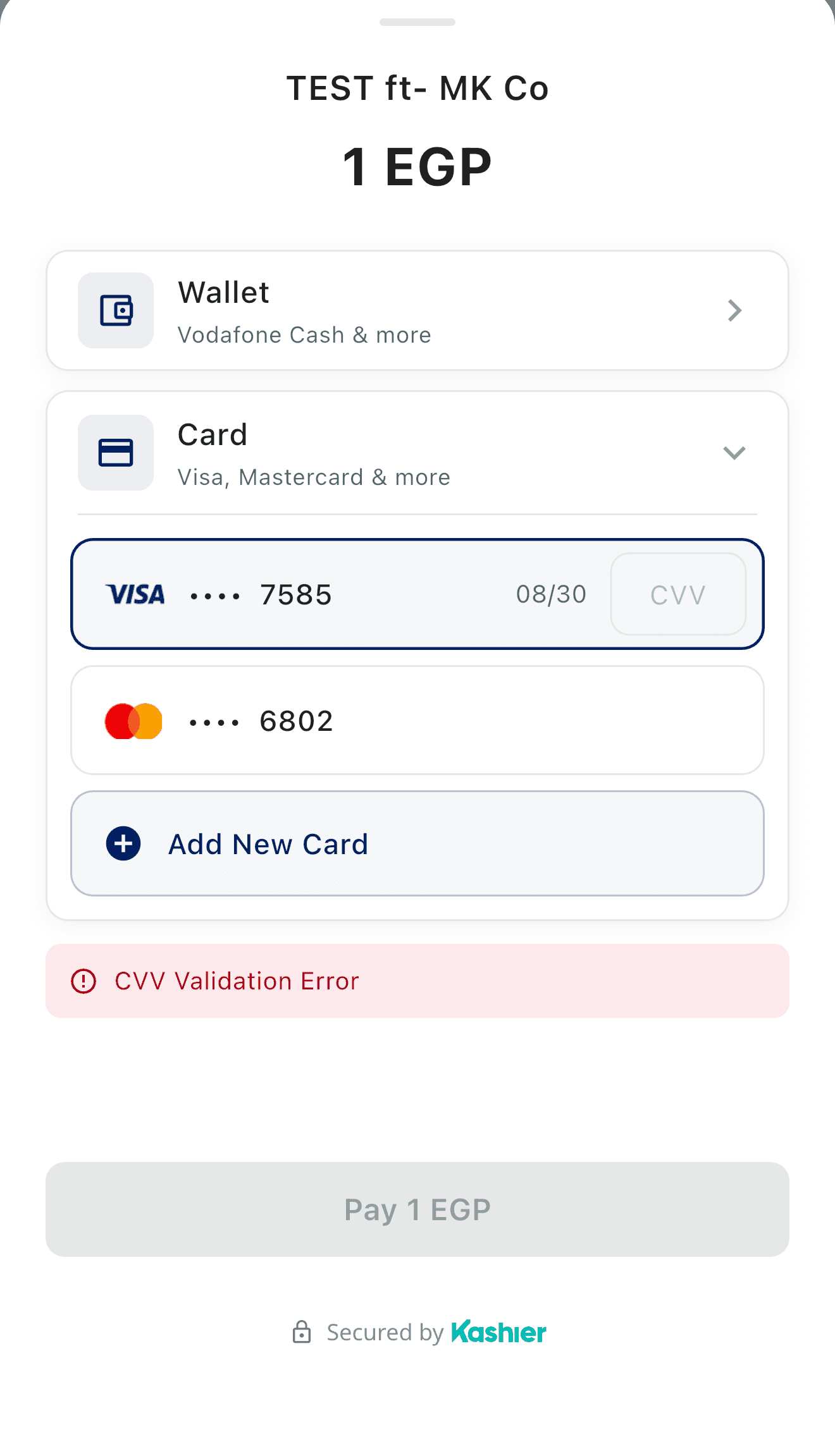Saved-card accordion showing a red CVV Validation Error banner beneath the card list and a disabled Pay button
