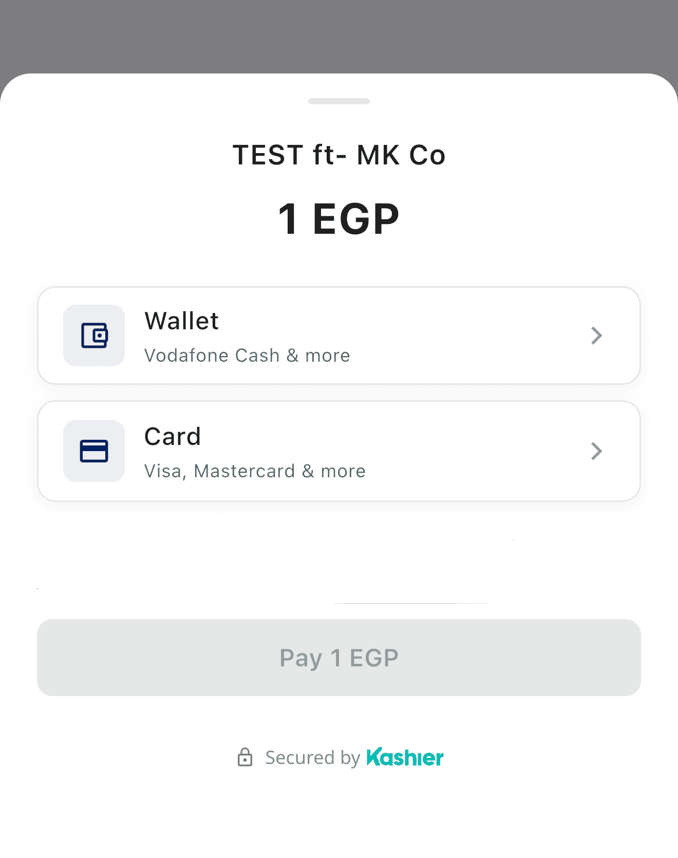 Kashier payment sheet on Android showing the store name, amount, a Wallet method tile, and an expanded Card section with an Add New Card button