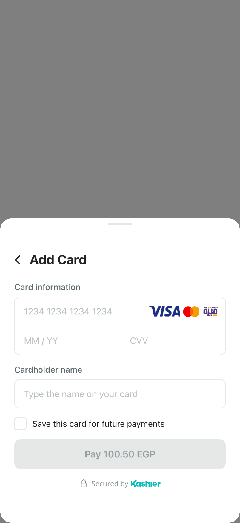 The card form with a number, expiry and security code, a cardholder name field and a save-card checkbox