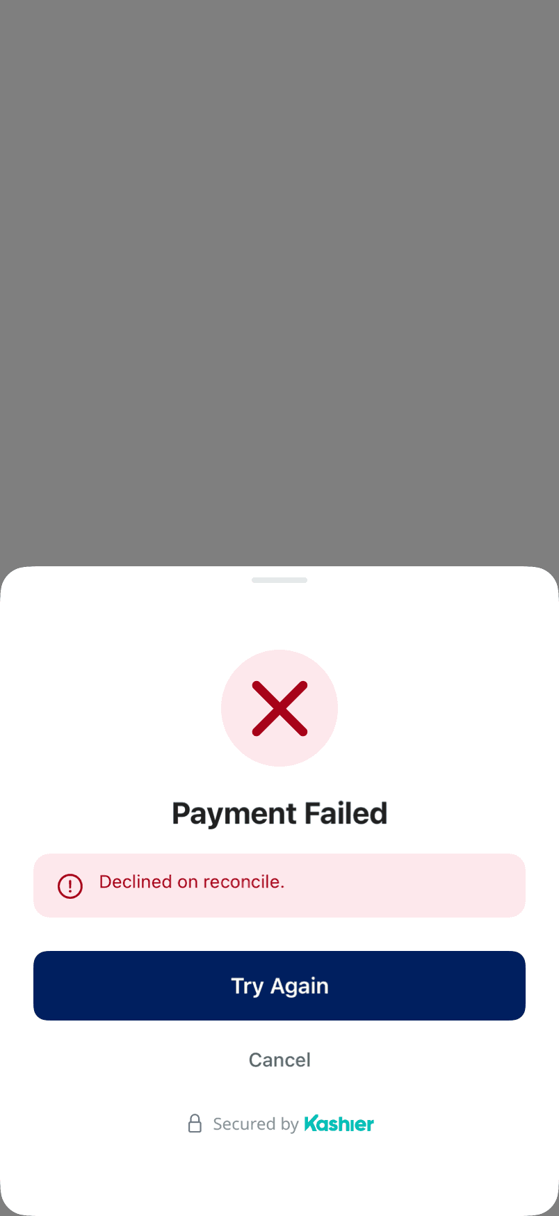 The payment failure screen with Try Again and Cancel