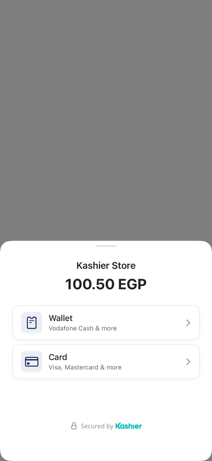The Kashier payment sheet on iOS showing the store name, the amount, a Wallet tile and a Card tile