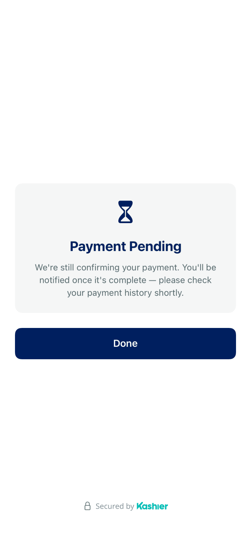 The payment pending screen