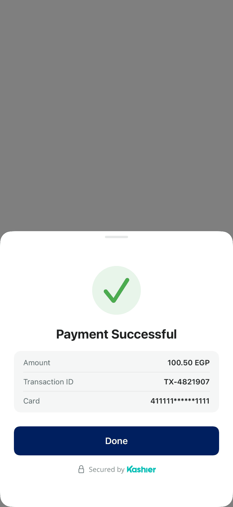 The payment success screen