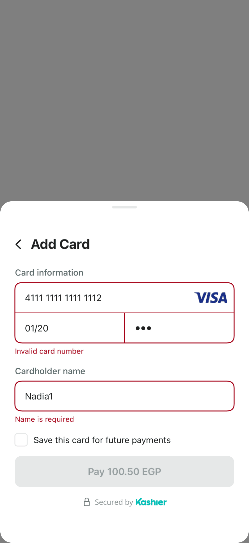 The card form showing field errors: an invalid card number and an invalid cardholder name