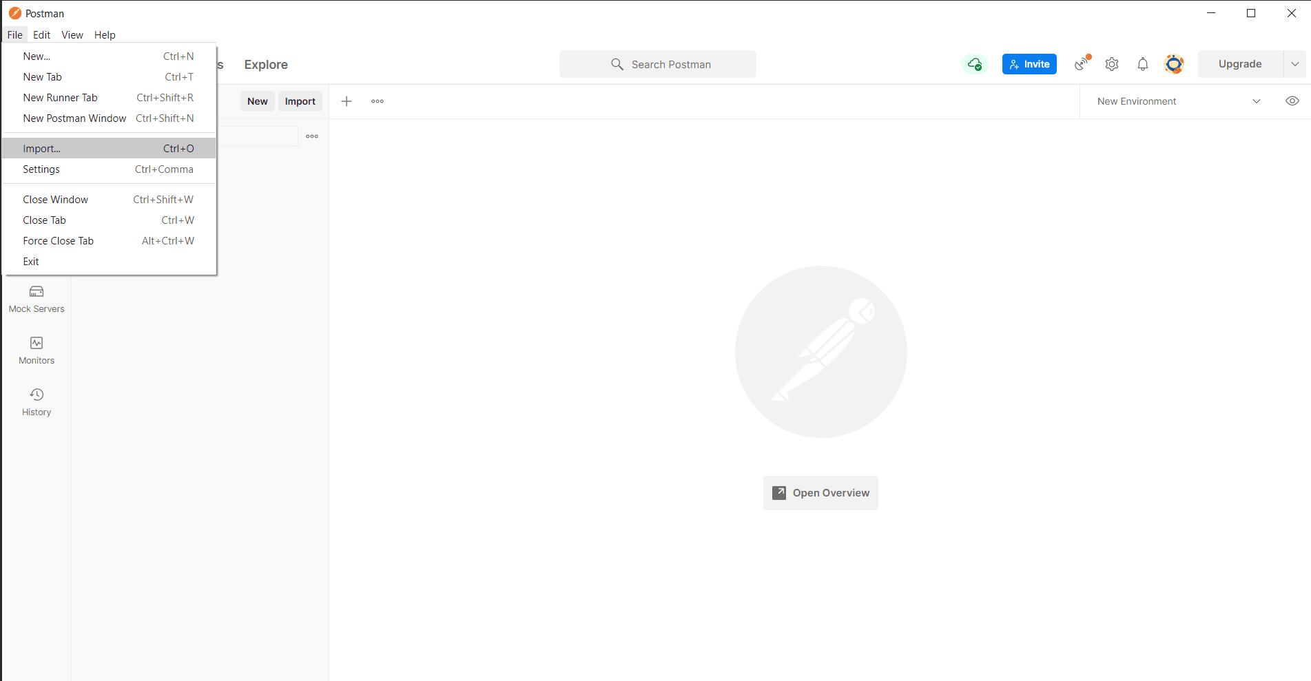 Postman File > Import menu